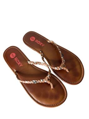 ROXY Brown Leather Flip Flop Sandals Braided Metallic Livia Thongs Size 8